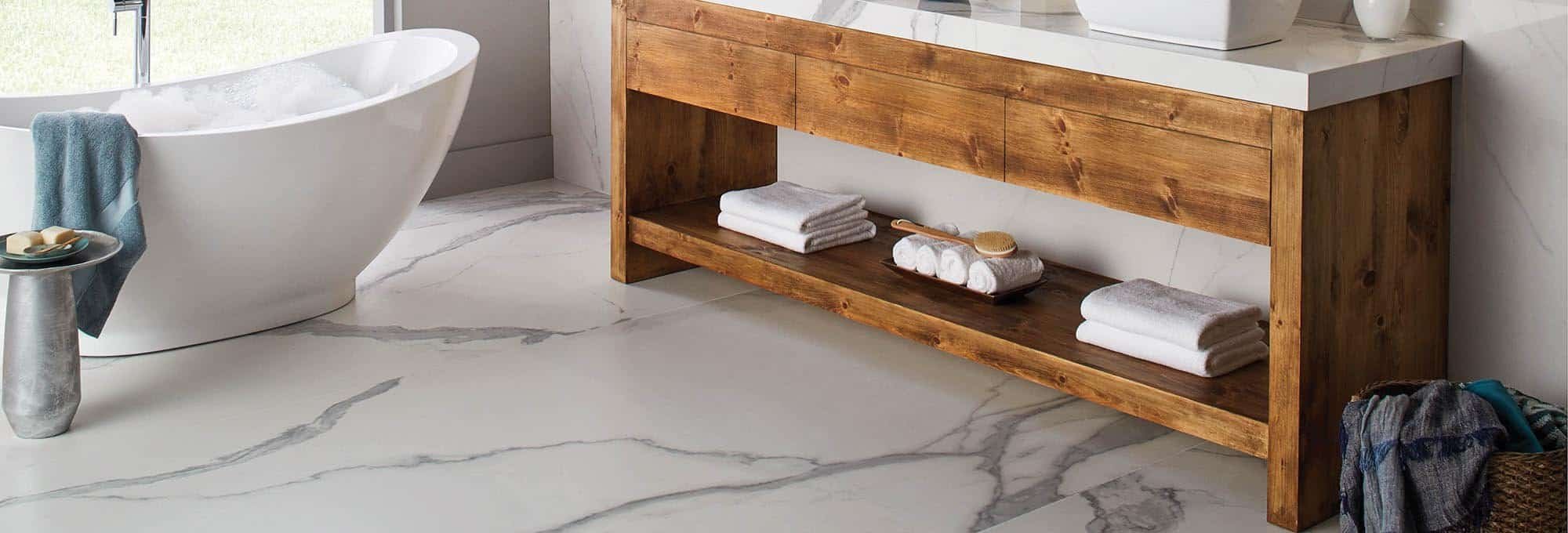 Stylish bathroom with white marble tile flooring